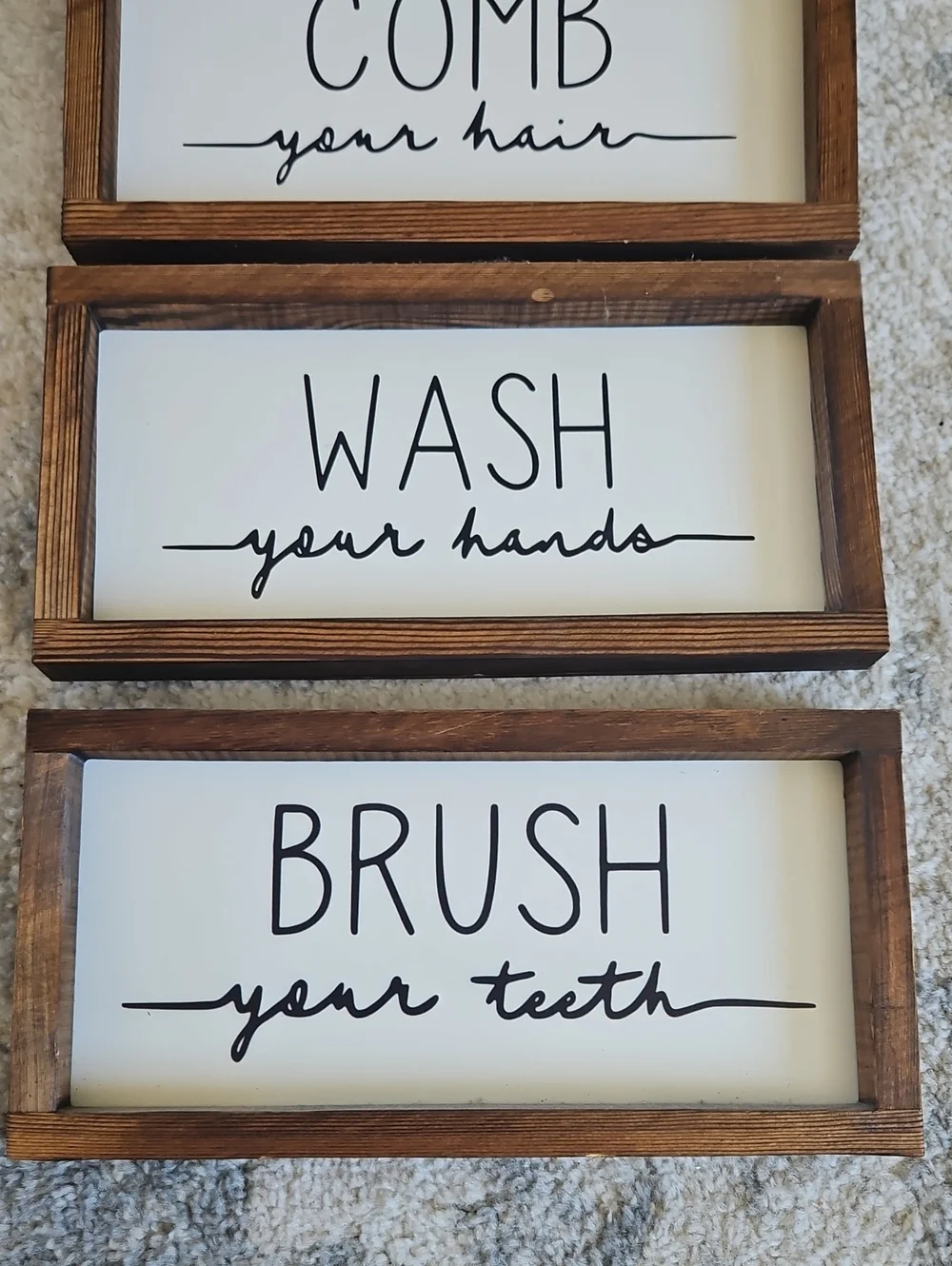 Wood Frame Bathroom Sign Set - White & Brown